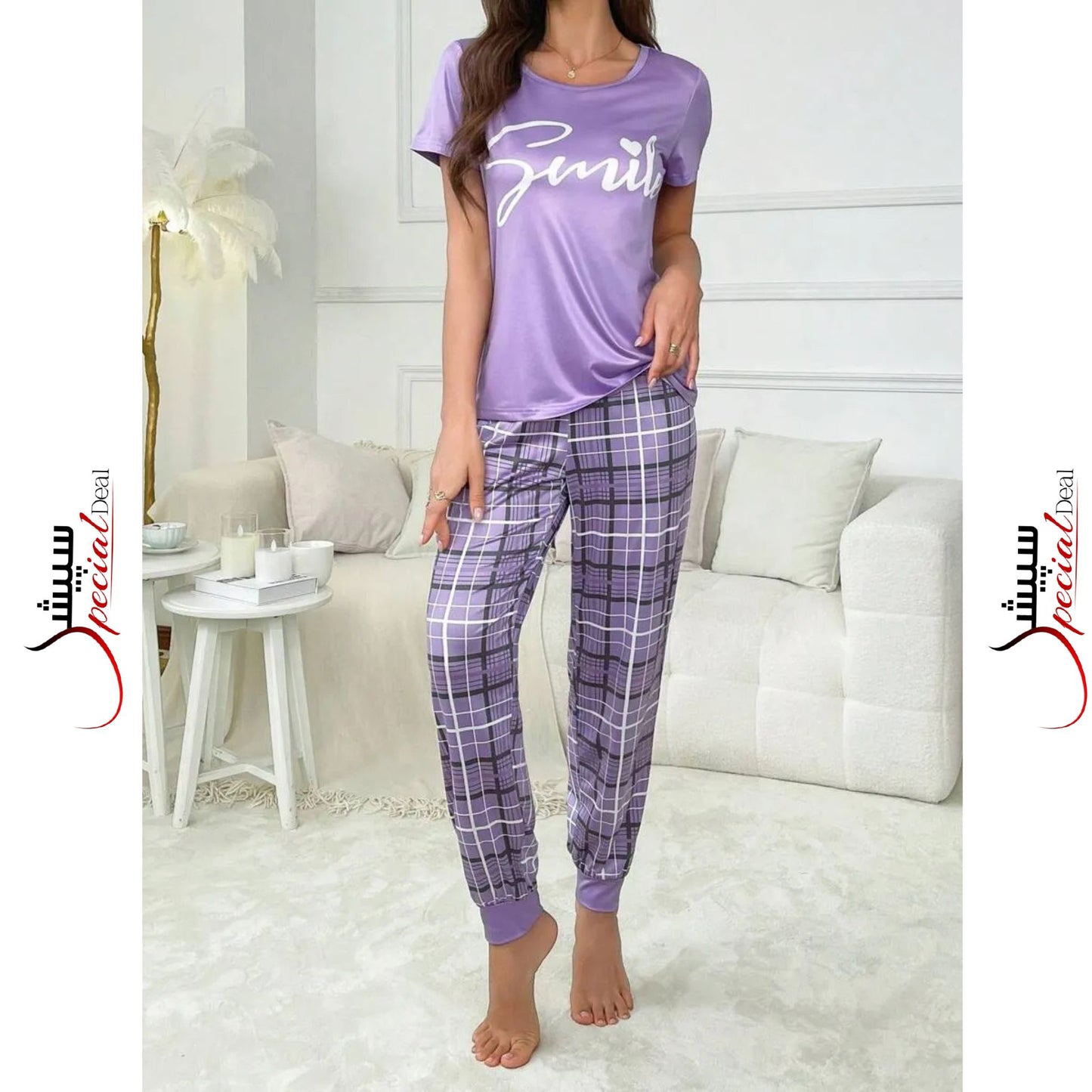 Purple Smile Printed Half Sleeves Shirt And Check Printed Trouser Night Wear