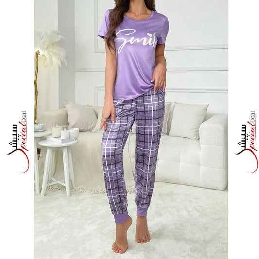 Purple Smile Printed Half Sleeves Shirt And Check Printed Trouser Night Wear