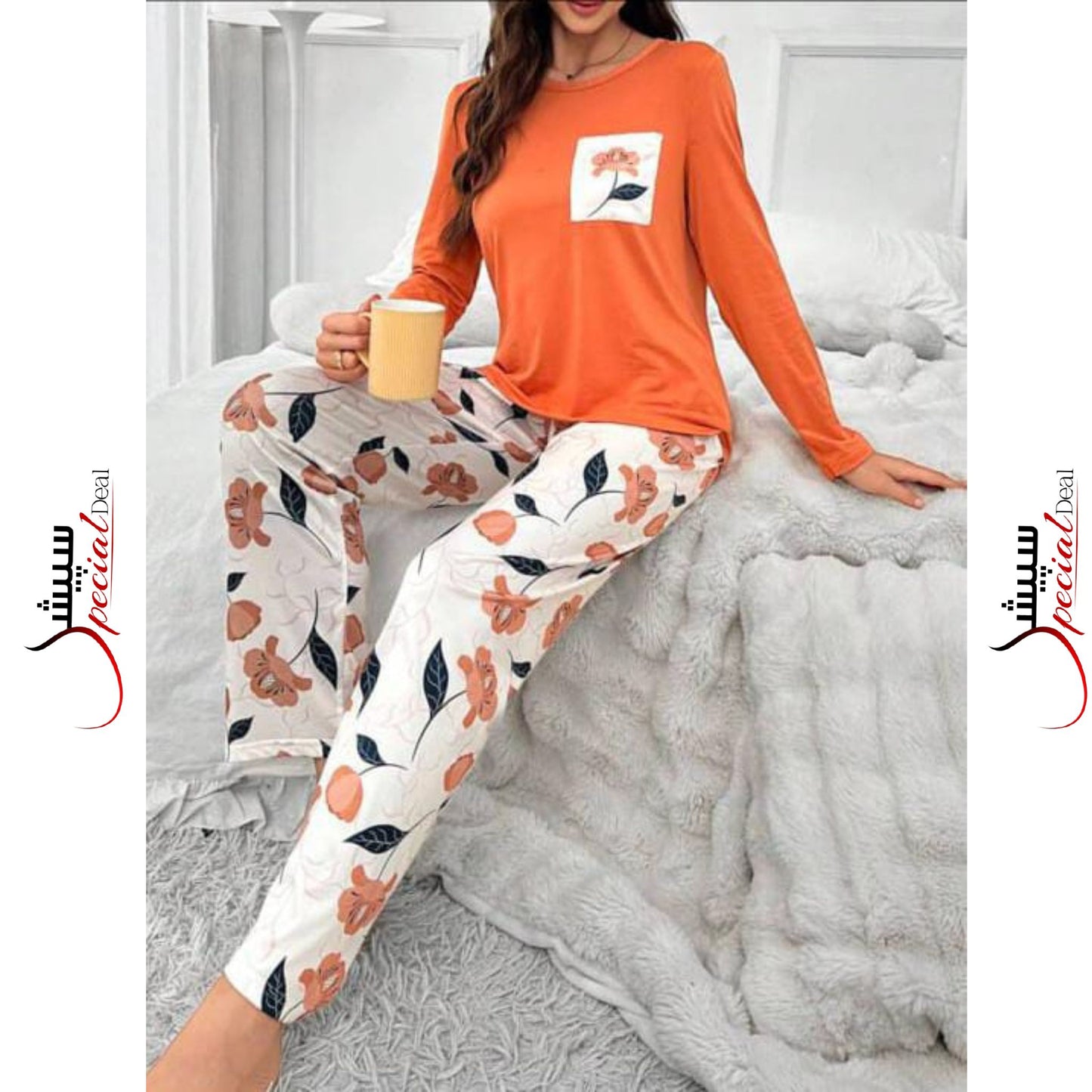 Orange Pocket Flower Printed Full Sleeves Shirt And Flower Printed Trouser Night Wear