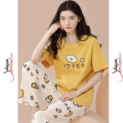 Yellow New Printed Half Sleeves Shirt And White Printed Trouser Night Wear
