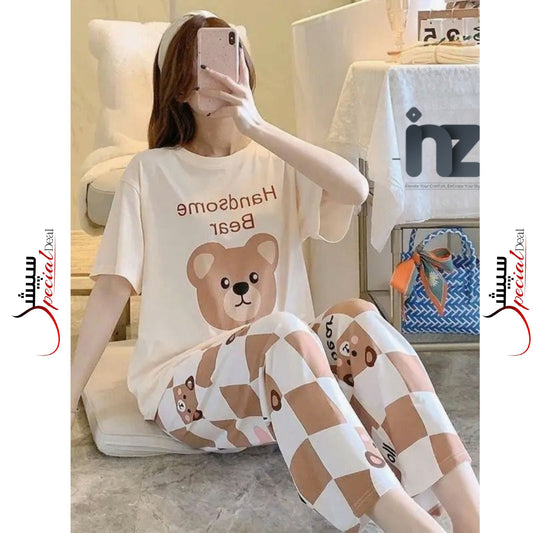 Skin White Handsome Bear Half Sleeves Shirt And Skin White Bear Check Printed Trouser Night Wear