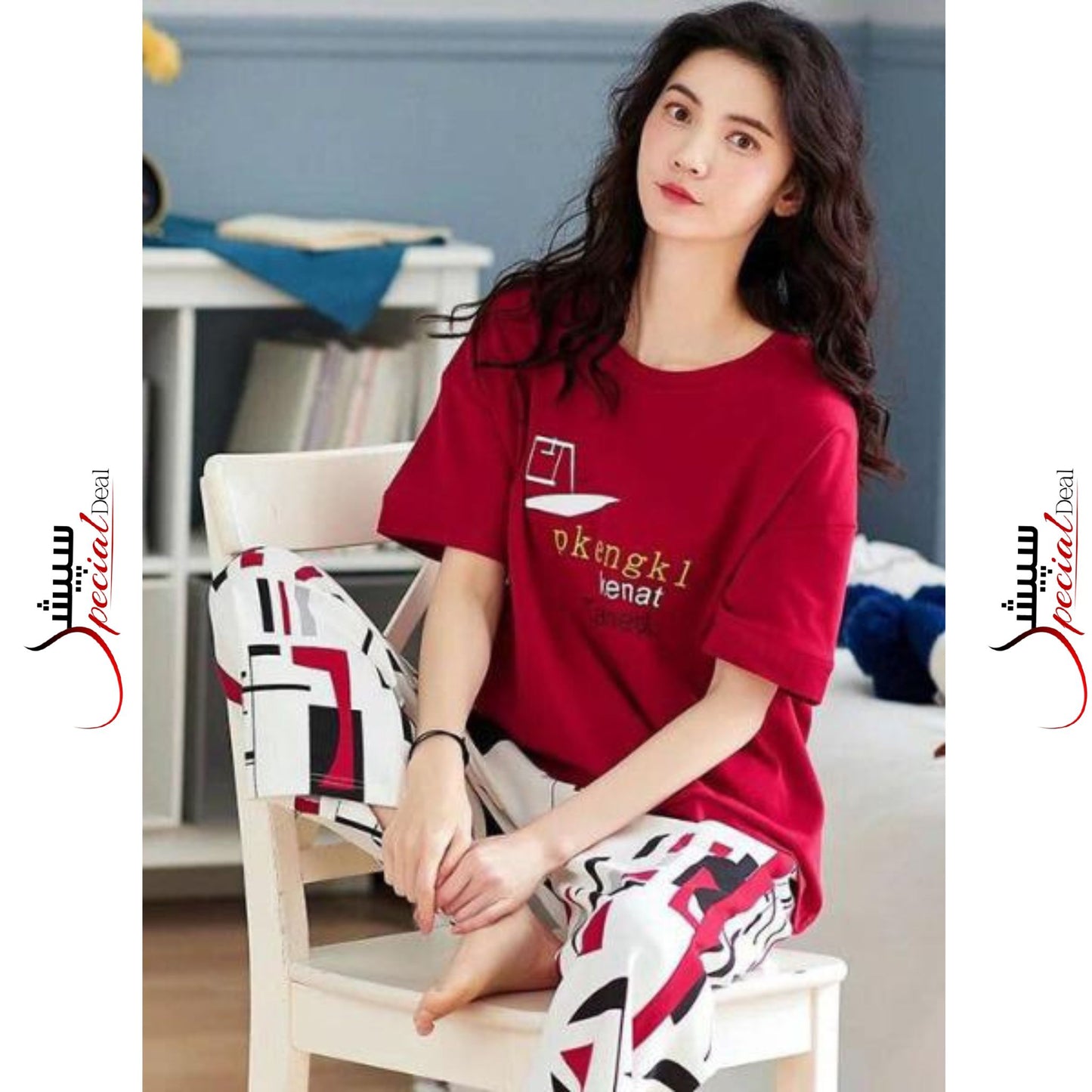Red Pkengk Printed Half Sleeves Shirt and White Printed Trouser Night Wear