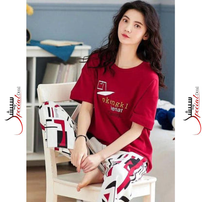 Red Pkengk Printed Half Sleeves Shirt and White Printed Trouser Night Wear