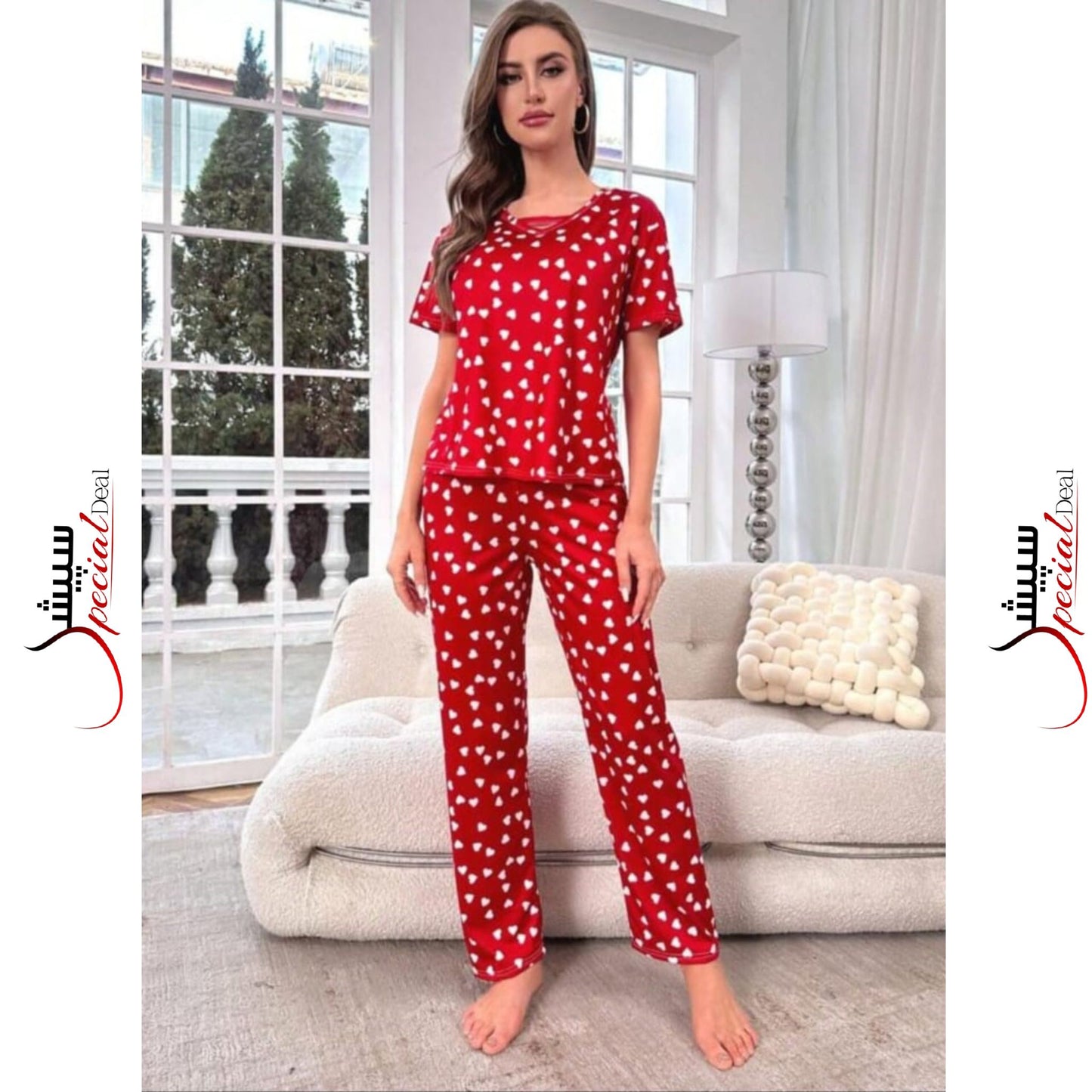 Red With White Hearts Printed Half Sleeves T-Shirt and White Hearts Printed Trouser Night Wear