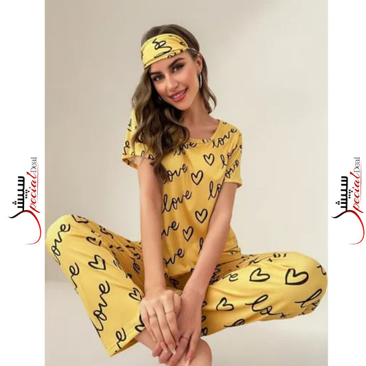 Yellow Love Printed Half Sleeves T-Shirt and Love Printed Trouser Night Wear