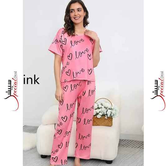 Pink Love Printed Half Sleeves T-Shirt and Love Printed Trouser Night Wear