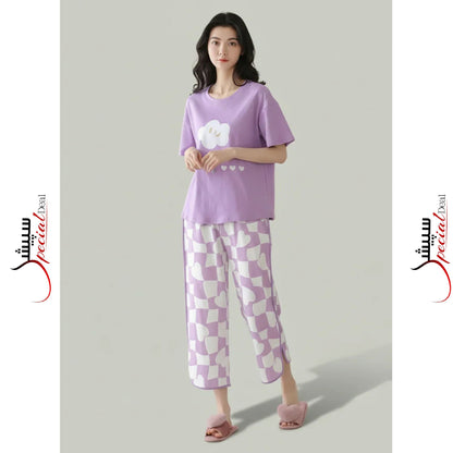 Purple Flower Printed Shirt Half Sleeves and Purple Printed Trouser Night Wear.