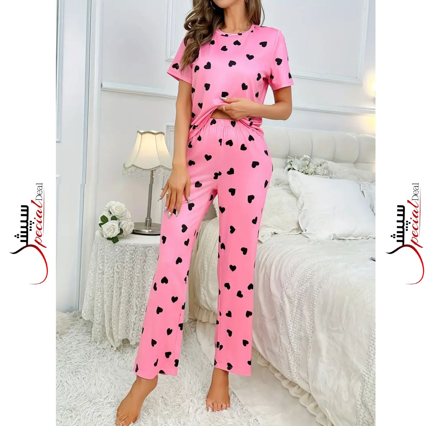 Pink With Black Hearts Printed Half Sleeves Shirt And Black Hearts Printed Trouser Night Wear