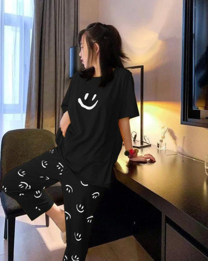 Black Smiley Half Sleeves Night Wear