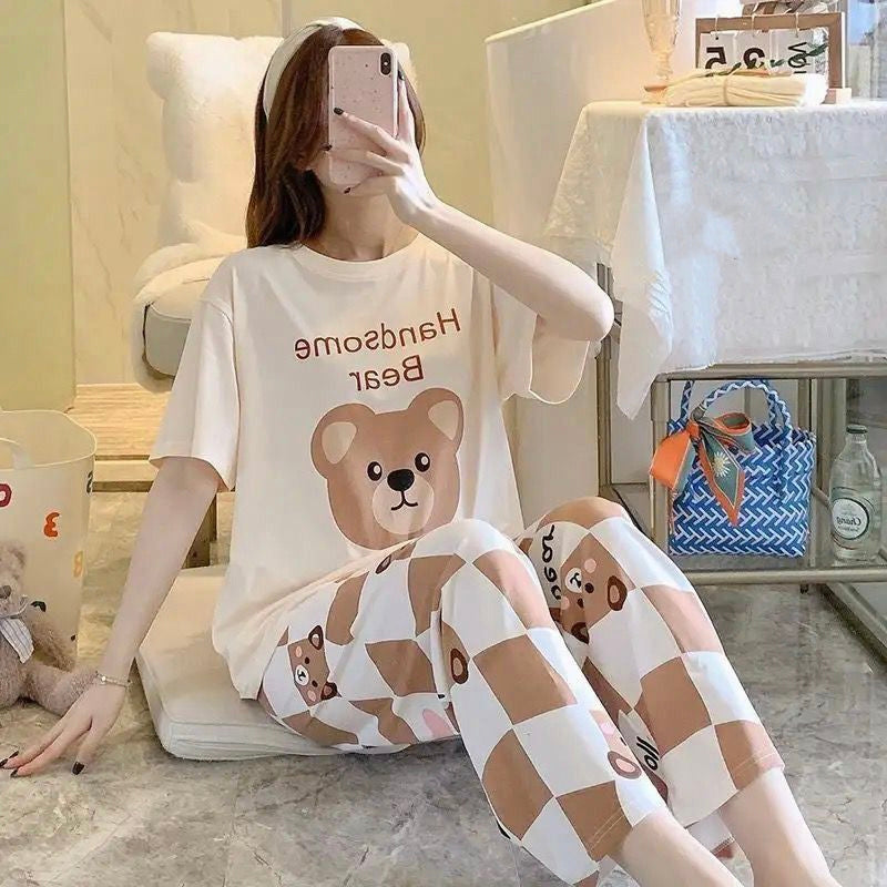 Skin White Handsome Bear Half Sleeves Shirt And Skin White Bear Check Printed Trouser Night Wear