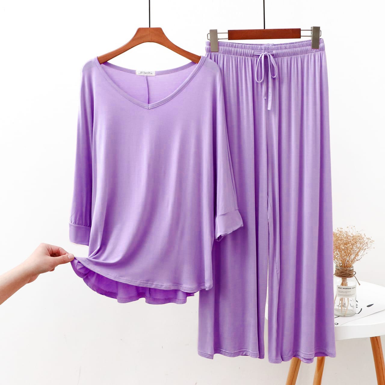 Plain Purple V Neck Full Sleeves Night Wear