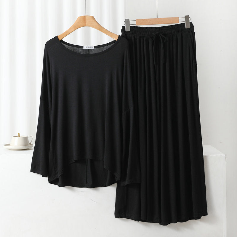 Plain Black Round Neck Frill Sleeves Night Wear