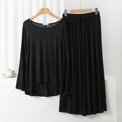 Plain Black Round Neck Frill Sleeves Night Wear