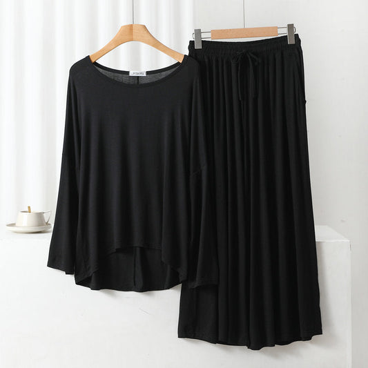 Plain Black Round Neck Frill Sleeves Night Wear