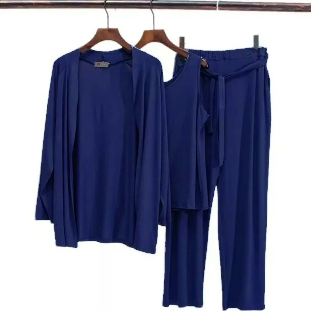 Plain Navy Blue 3 Pieces Set Night Wear