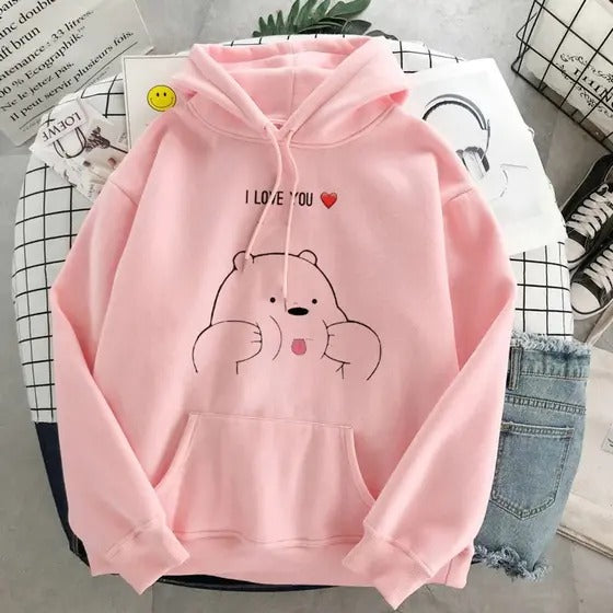 Pink I Love Panda Printed Hoodie