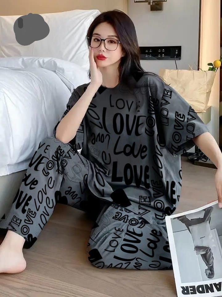 Grey Love Prineted Half Sleeves Shirt and Printed Trouser Night Wear