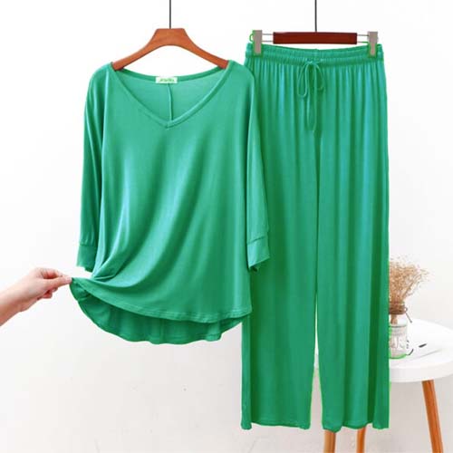 Plain Sea Green V Neck Full Sleeves Night Wear