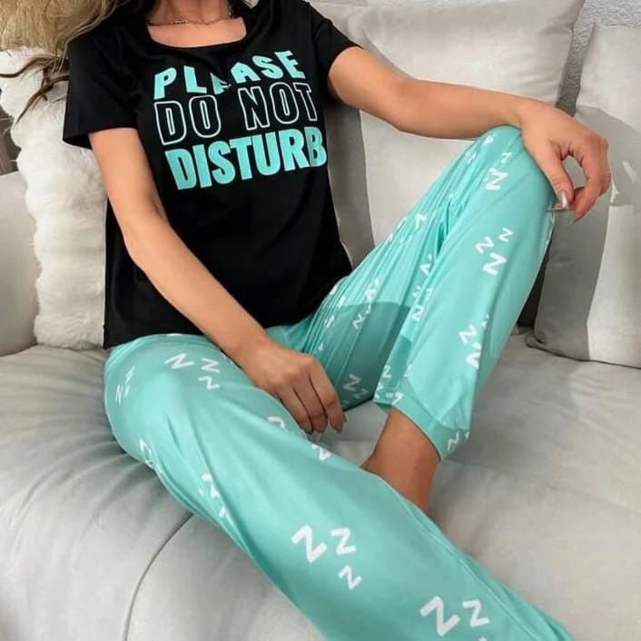 Black Please Do Not Disturb Printed Shirt And Green Printed Trouser Night Wear