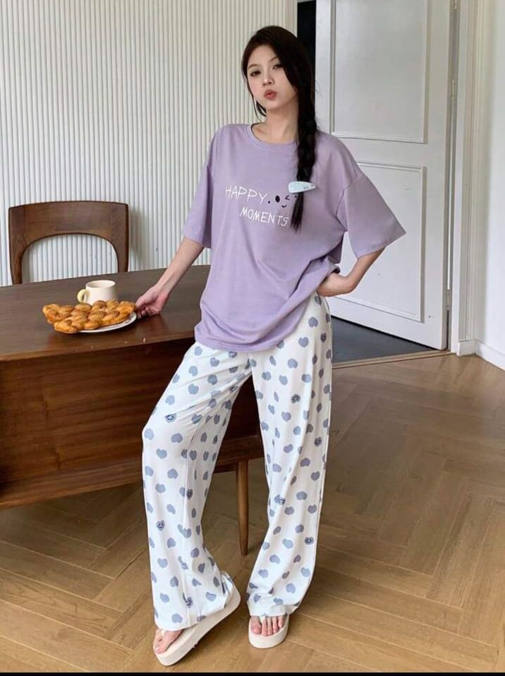 Purple Happy Moments Half Sleeves Shirt and Printed Trouser Night Wear