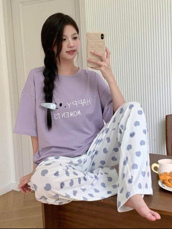 Purple Happy Moments Half Sleeves Shirt and Printed Trouser Night Wear