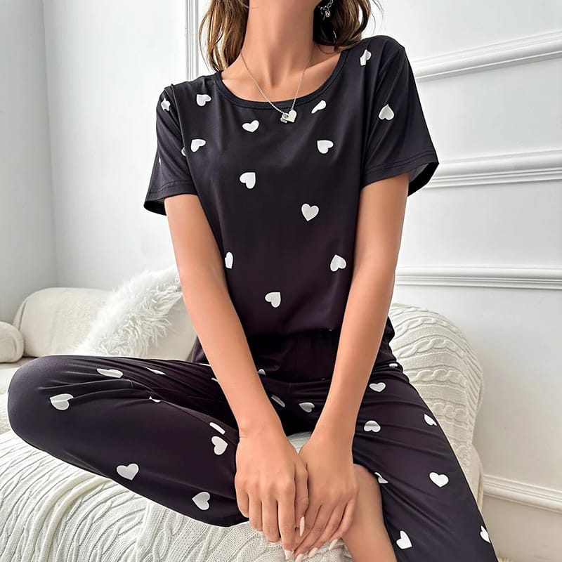 Black Heart Printed Half Sleeves Shirt And Heart Printed Trouser Night Wear