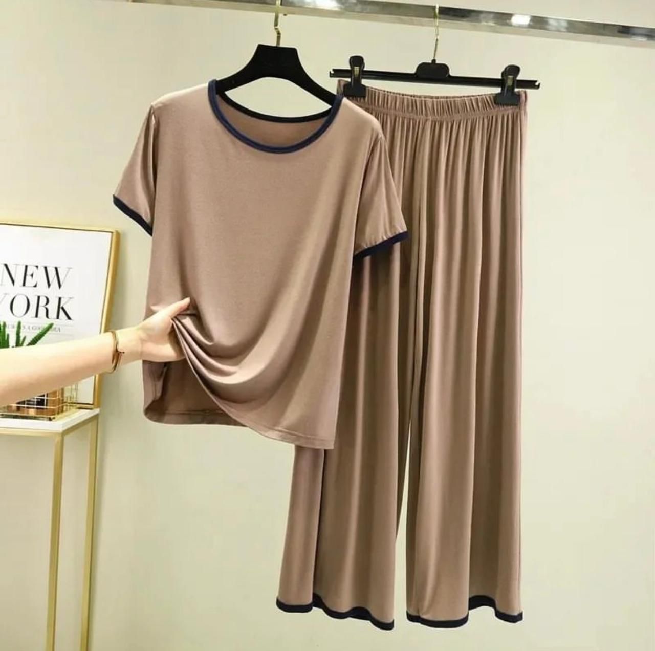 Plain Skin With Black Strips Half Sleeves Night Wear