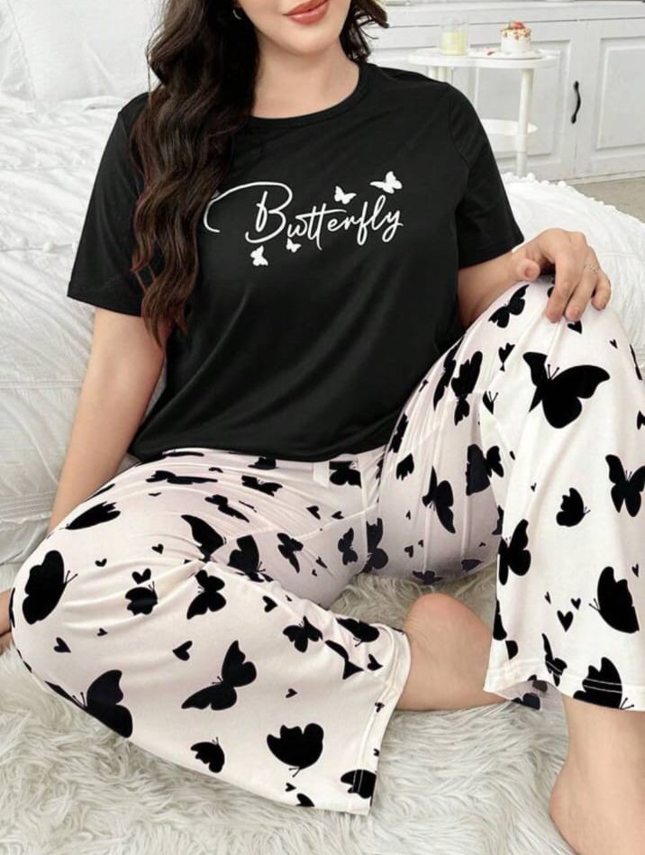 Black Butterfly Printed Half Sleeves Shirt and Butterfly Printed Trouser Night Wear