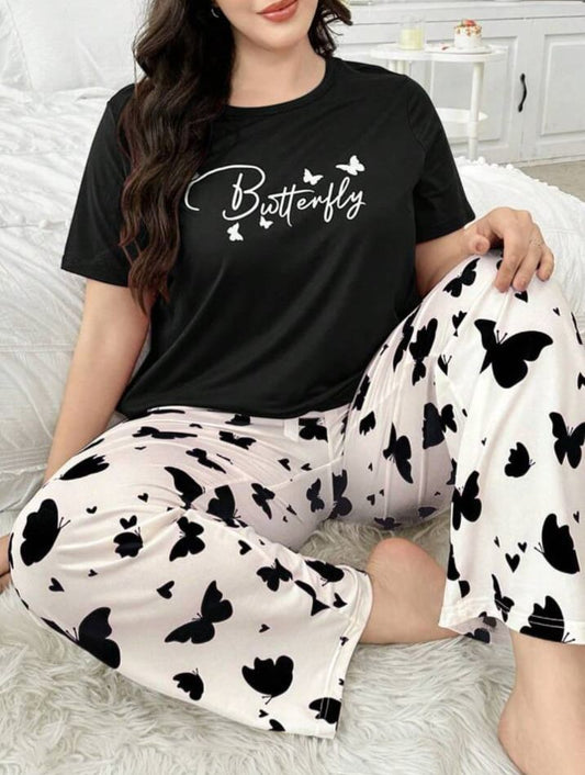 Black Butterfly Printed Half Sleeves Shirt and Butterfly Printed Trouser Night Wear