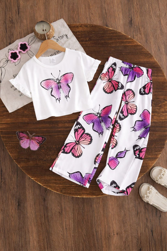 Kid's White Butterfly printed Shirt And Printed Trouser