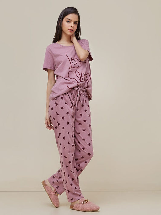 Love Sleep Printed Half Sleeves Shirt and Star Printed Trouser Night Wear