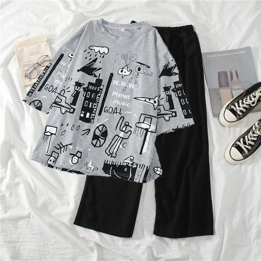 Grey Planet Music Half Sleeves Shirt and Black Plain Trouser Night Wear