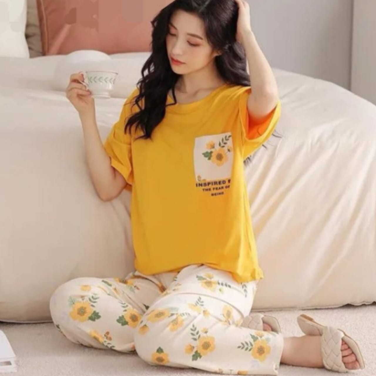 Yellow Flower Printed Pocket Half Sleeves Shirt and White Flower Printed Trouser Night Wear