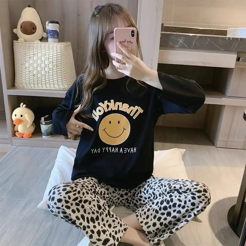 Black Yellow Smiley Printed Full Sleeves Shirt and White Printed Trouser Night Wear