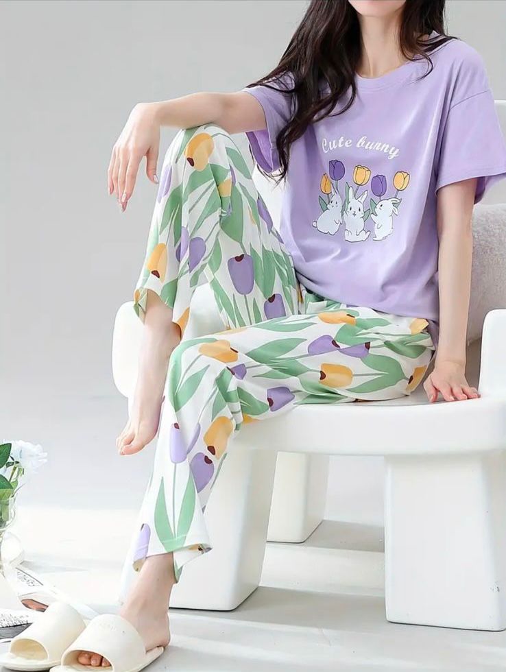 Purple Cuty Bunny Printed Half Sleeves Shirt and Printed Trouser Night Wear