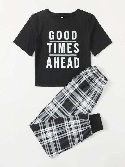 Black Good Times Ahead Printed Shirt And Check Printed Trouser Night Wear