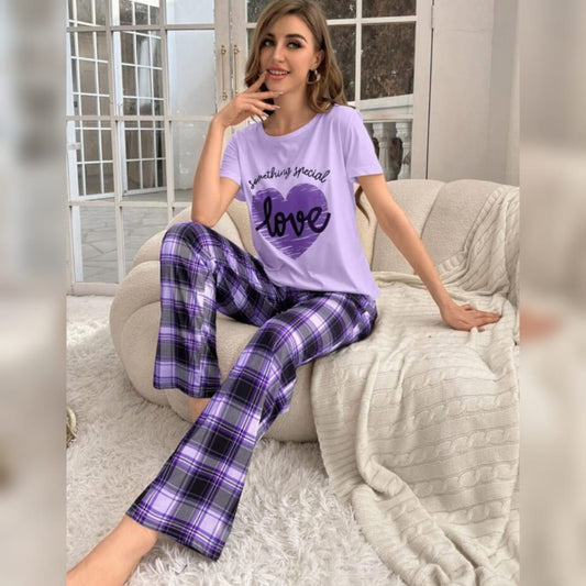 Light Purple With Love Heart Printed And Purple Check Printed Trouser Night Wear