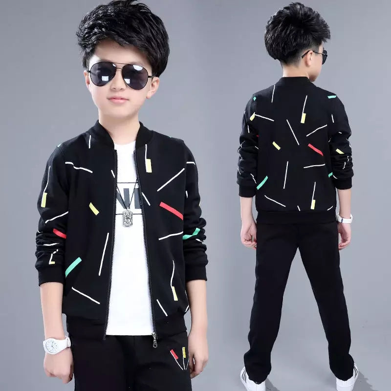 Black Printed Zipper Kids Track Suit