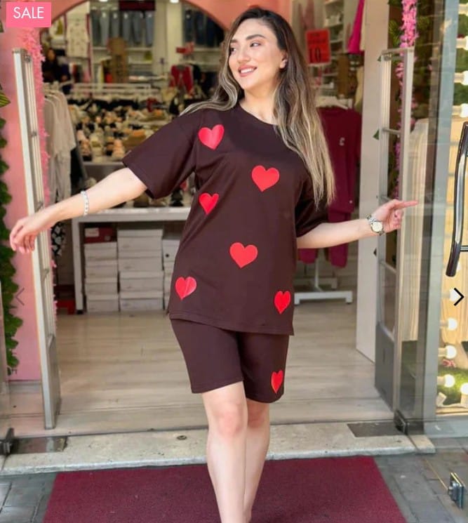Brown Red Hearts Printed Shirts and Red Heart Printed Short Night Wear