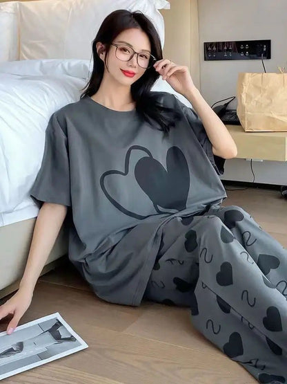 Grey Double Heart Printed Half Sleeves Shirt And Heart Printed Trouser Night Wear