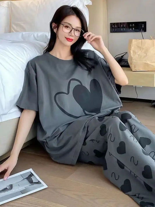 Grey Double Heart Printed Half Sleeves Shirt And Heart Printed Trouser Night Wear
