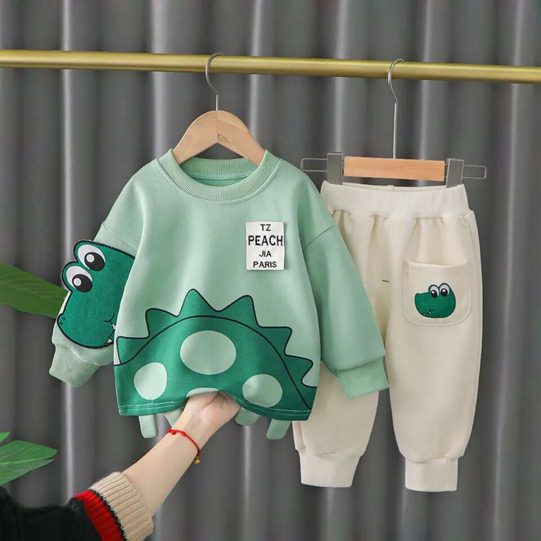 Green Crocodile Printed Sweatshirt and Off White Trouser Kids Track Suit