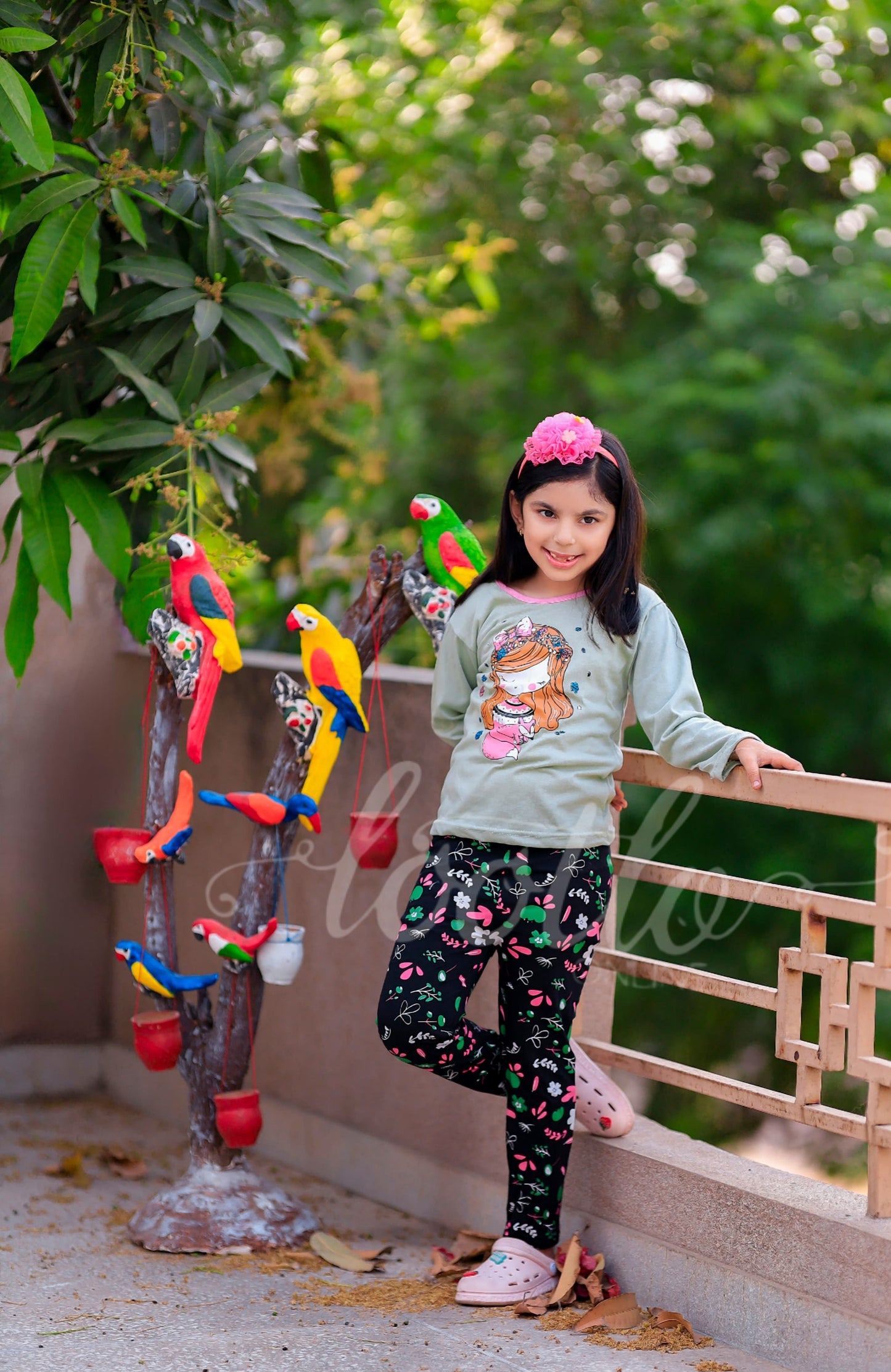Green Doll With Pink Neck Printed Kids Suit